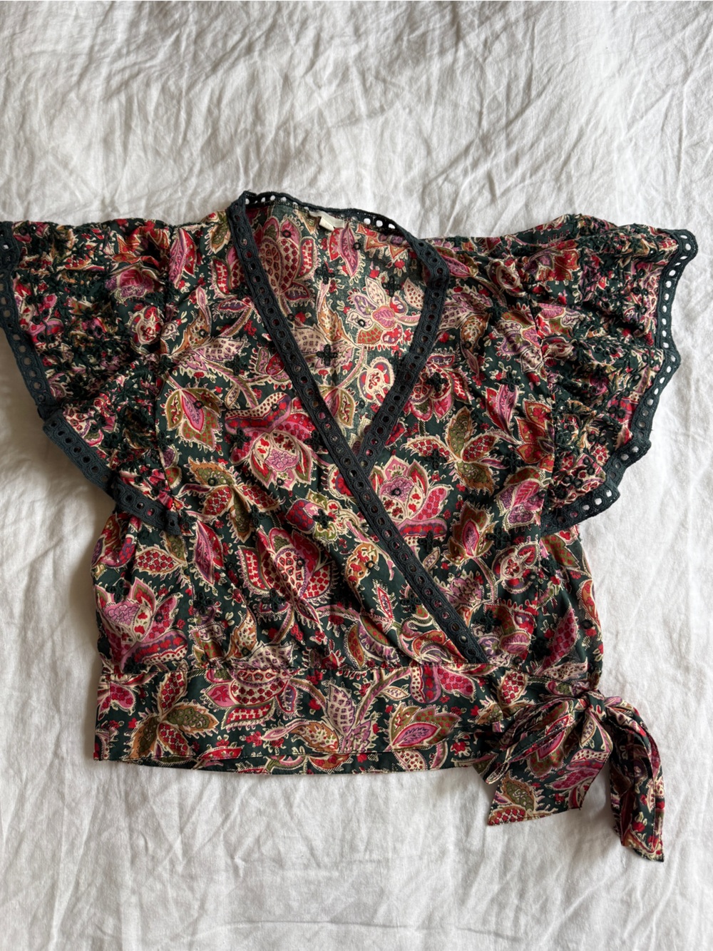 Paisley Floral Wrap Crop Top with Eyelet Trim - Red & Green